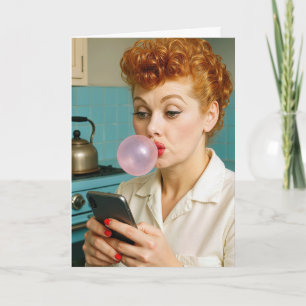 Birthday Retro Woman Texting On a Cell Phone Card