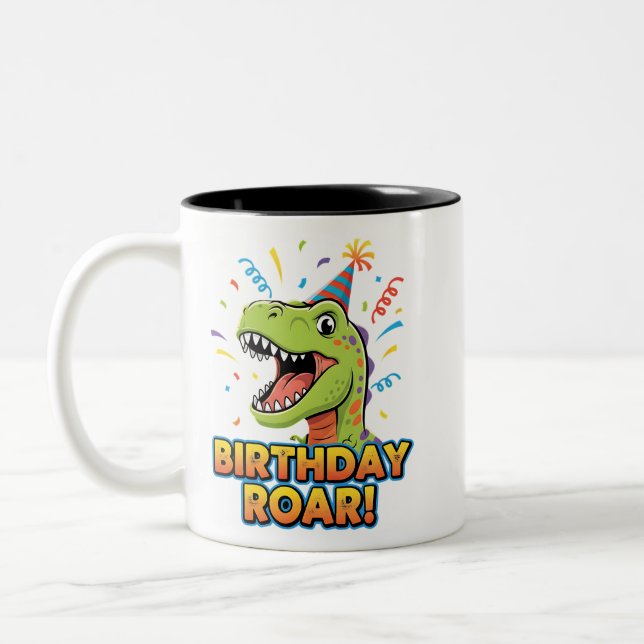 Birthday Roar Cute Dinosaur Birthday Party Design Two-Tone Coffee Mug (Left)