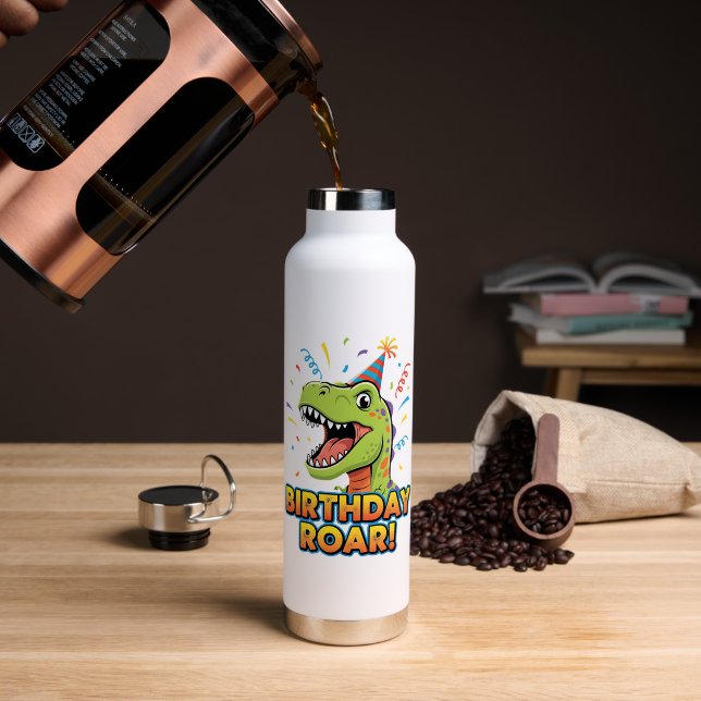 Birthday Roar Cute Dinosaur Birthday Party Design Water Bottle (Coffee (Rotated))