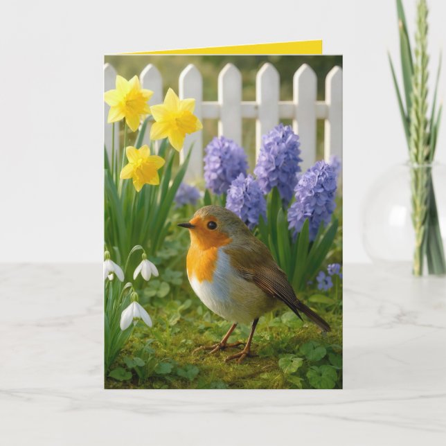 Birthday Robin in a Springtime Garden Card (Front)