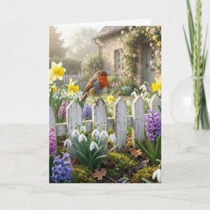 Birthday Robin On a Garden Picket Fence Card