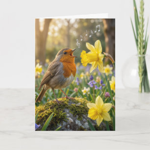 Birthday Robin Singing Into a Daffodil Card