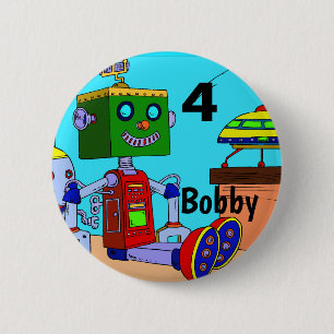 Birthday Robot Button Pin Custom AGE NAME