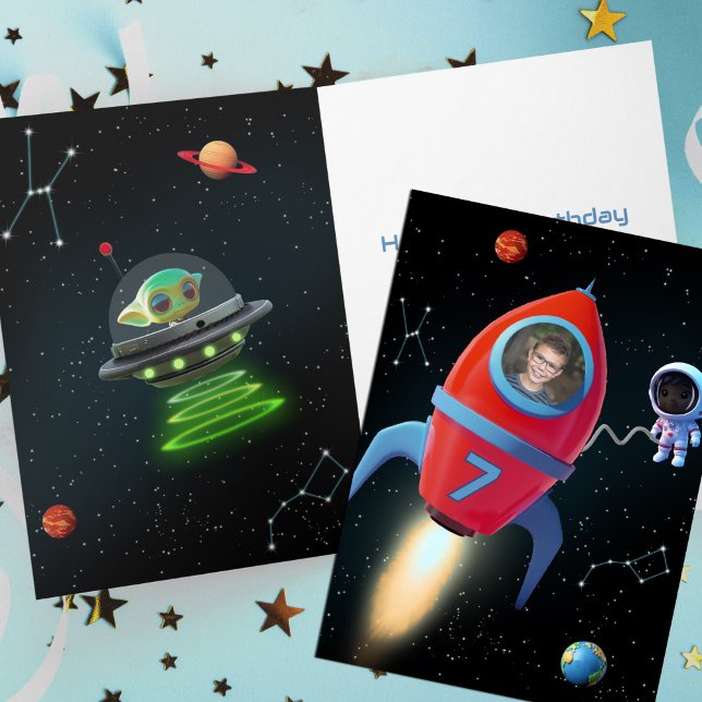 Birthday Rocket with Photo | UFO Alien Astronaut Card (Creator Uploaded)