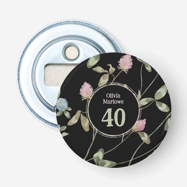 Birthday Romantic Black Pink Clover Floral  Bottle Opener (Front)