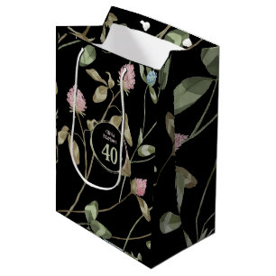 Birthday Romantic Black Pink Clover Floral Medium Gift Bag