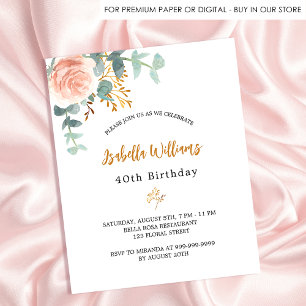 Birthday rose floral eucalyptus budget invitation flyer