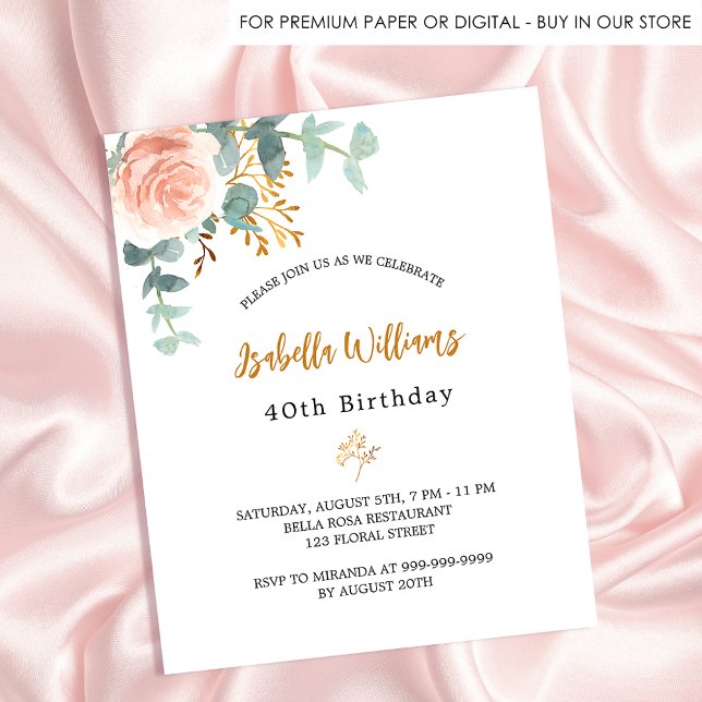 Birthday rose floral eucalyptus budget invitation flyer (Creator Uploaded)
