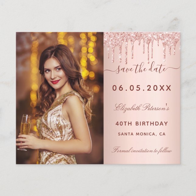 Birthday rose glitter photo budget Save the Date Flyer (Front)