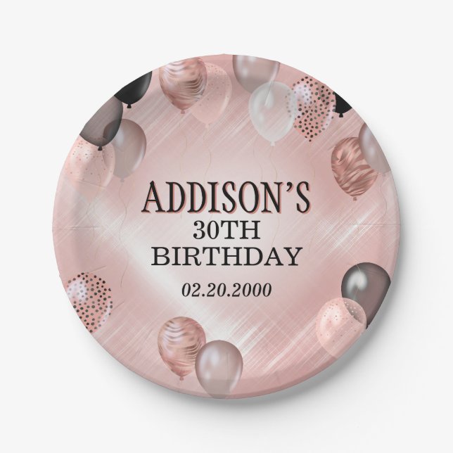 Birthday Rose Gold Balloons Paper Plate (Front)
