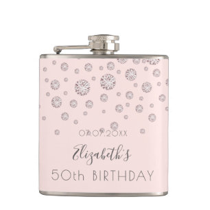Birthday rose gold blush diamonds monogram hip flask