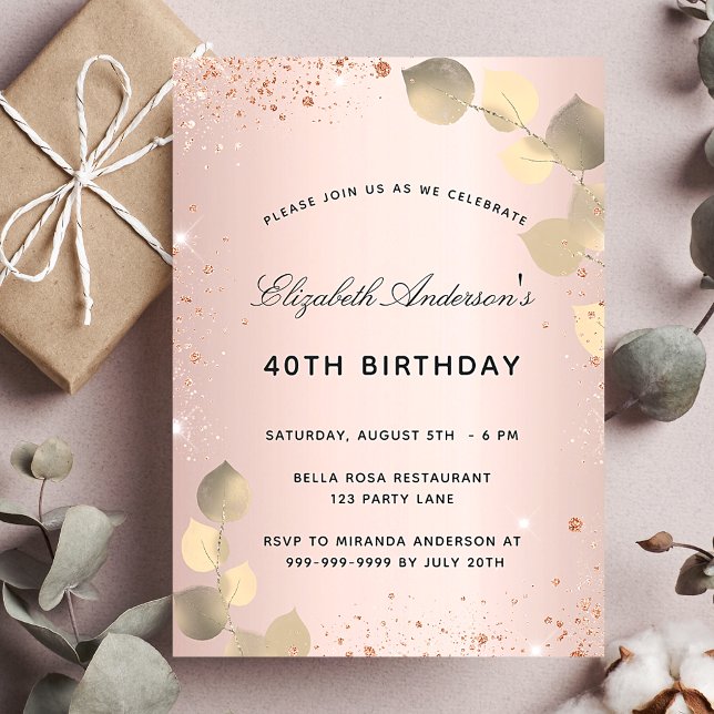 Birthday rose gold blush eucalyptus golden invitation (Creator Uploaded)