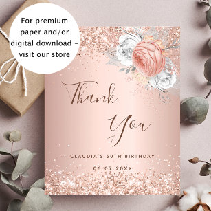 Birthday rose gold blush floral thank you card