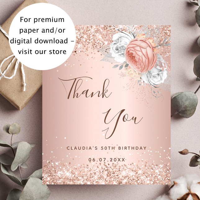 Birthday rose gold blush floral thank you card (Creator Uploaded)