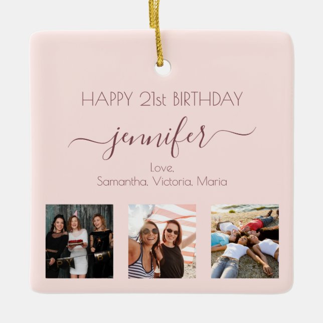 Birthday rose gold blush friend photo ceramic ornament (Front)