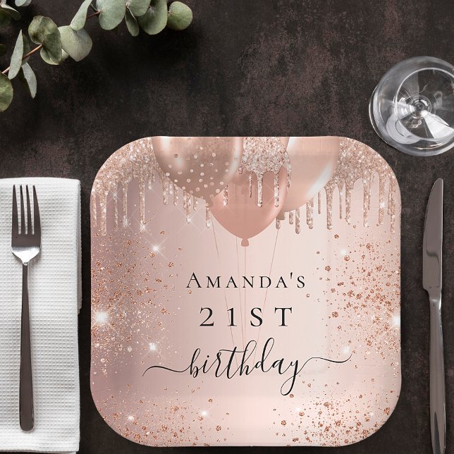 Birthday rose gold blush glitter balloons name paper plate (Creator Uploaded)