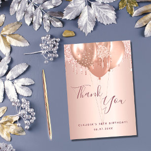 Birthday rose gold blush glitter drips balloons thank you card