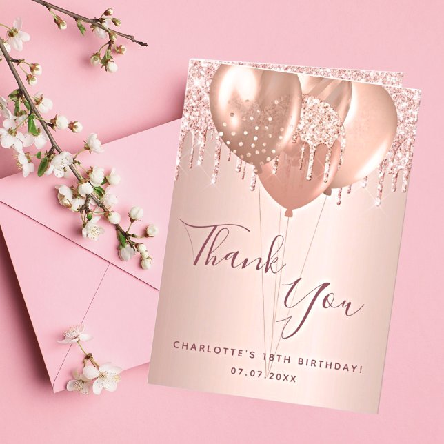 Birthday rose gold blush glitter drips photo thank you card (Creator Uploaded)