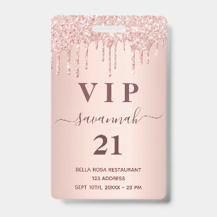 Birthday rose gold blush glitter drips vip ID badge