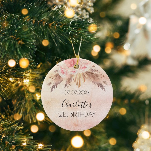 Birthday rose gold blush pampas grass floral ceramic ornament (Creator Uploaded)