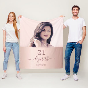 Birthday rose gold blush photo name script fleece blanket