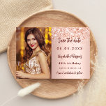 Birthday rose gold blush photo save the date announcement postcard<br><div class="desc">Add a vertical size photo. An elegant rose gold,  blush gradient background colour,  decorated with faux glitter,  sparkles. Personalise and add a name and the details.</div>
