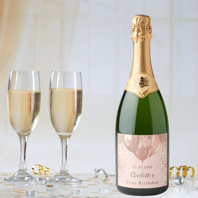 Birthday rose gold blush pink balloons fun sparkling wine label (Creator Uploaded)