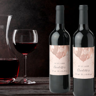 Birthday rose gold blush pink balloons fun wine label