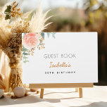 Birthday rose gold blush pink eucalyptus name guest book<br><div class="desc">For an elegant and feminine 50th (or any age) birthday party. A chic white background. Decorated with a rose gold and blush pink watercolored rose flower, floral (rose), green eucalyptus leaves, sprigs, greenery and faux gold sprigs. Personalise and a name and age. Black and golden letters. The name is written...</div>