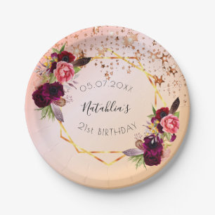 Birthday rose gold blush pink geometric monogram paper plate