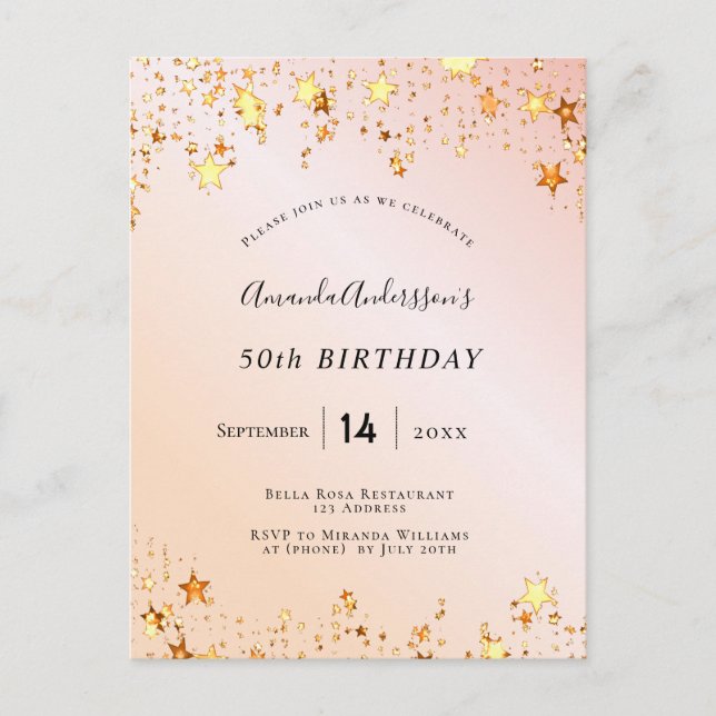Birthday rose gold blush pink stars invitation postcard (Front)