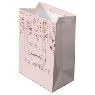 Birthday rose gold blush pink stars monogram medium gift bag