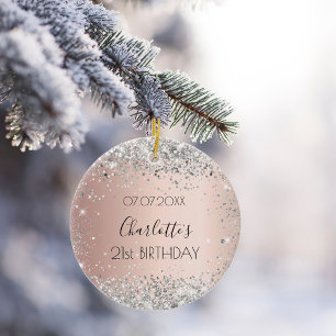Birthday rose gold blush silver glitter friends ceramic ornament