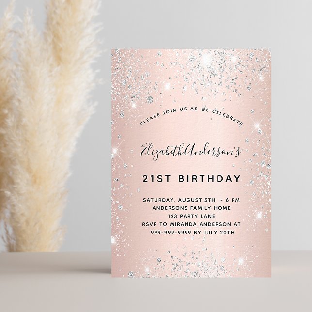 Birthday rose gold blush silver glitter luxury invitation (Creator Uploaded)