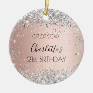 Birthday rose gold blush silver glitter name ceramic ornament
