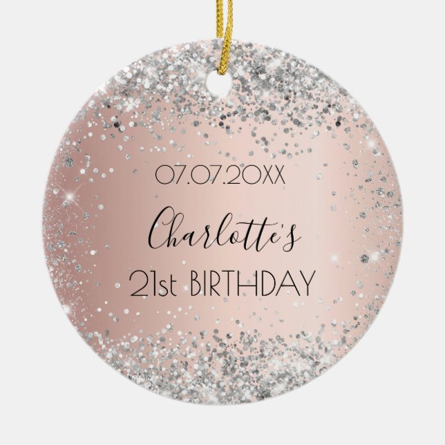 Birthday rose gold blush silver glitter name ceramic ornament (Front)