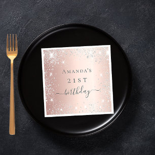 Birthday rose gold blush silver glitter name napkin