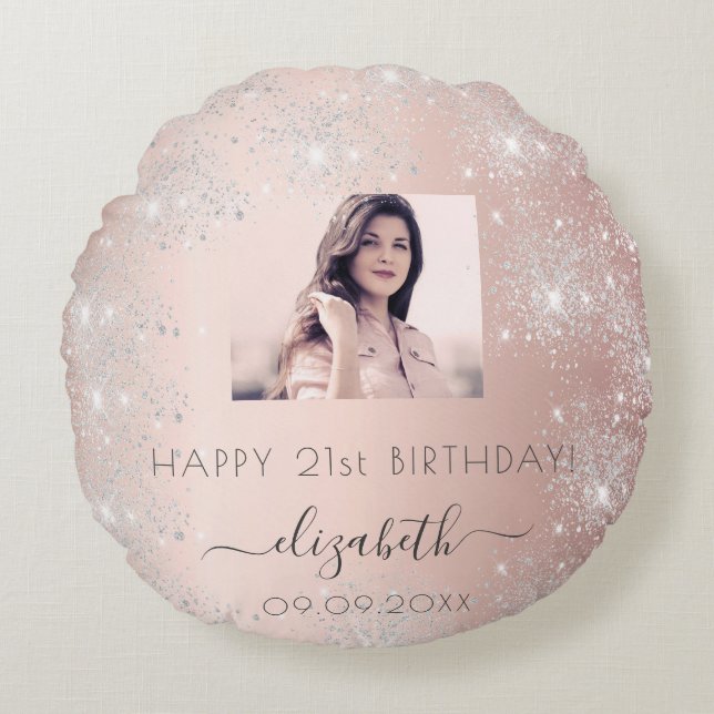 Birthday rose gold blush silver glitter name photo round cushion (Front)