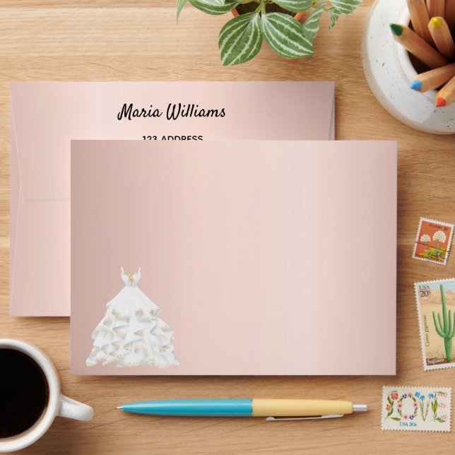 Birthday rose gold blush white dress glitter envelope (Desk)
