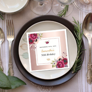 Birthday rose gold burgundy floral elegant napkins