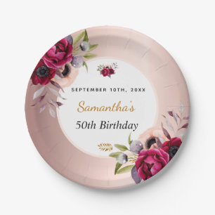 Birthday rose gold burgundy floral elegant paper plate