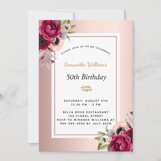 Birthday rose gold burgundy floral invitation (Front)