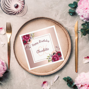 Birthday rose gold burgundy floral monogram napkin