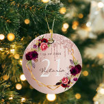 Birthday rose gold burgundy flowers drips ceramic ornament<br><div class="desc">An ornament for a girly and glamourous 21st (or any age) birthday. A rose gold gradient background with rose gold drips, paint dripping look. A faux gold geometric frame and watercolored flowers, florals in burgundy, pink and rose gold.Personalise and add a date, name and age 21. The text: The name...</div>