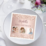 Birthday rose gold confetti photo napkin<br><div class="desc">A napkin for a girly and glamourous 50th (or any age) birthday party. A rose gold gradient background decorated with confetti. The text: The name is written in dark rose gold with a large modern hand lettered style script. Personalise and add name, age 50 and 3 of your own photos...</div>