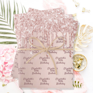 Birthday rose gold drips pink name wrapping paper sheet