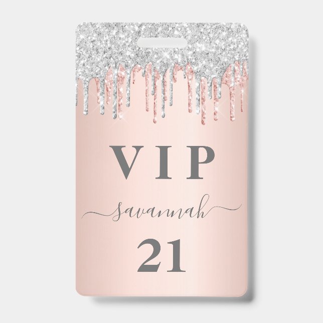 Birthday rose gold drips pink silver vip ID badge (Front)
