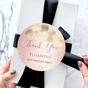 Birthday rose gold eucalyptus glitter thank you classic round sticker