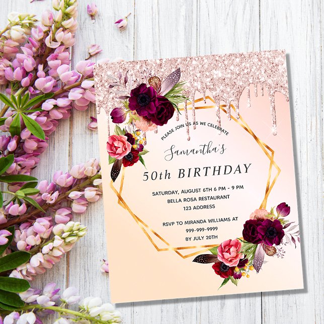Birthday rose gold floral budget invitgation flyer (Creator Uploaded)