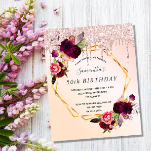 Birthday rose gold floral burgundy invitation